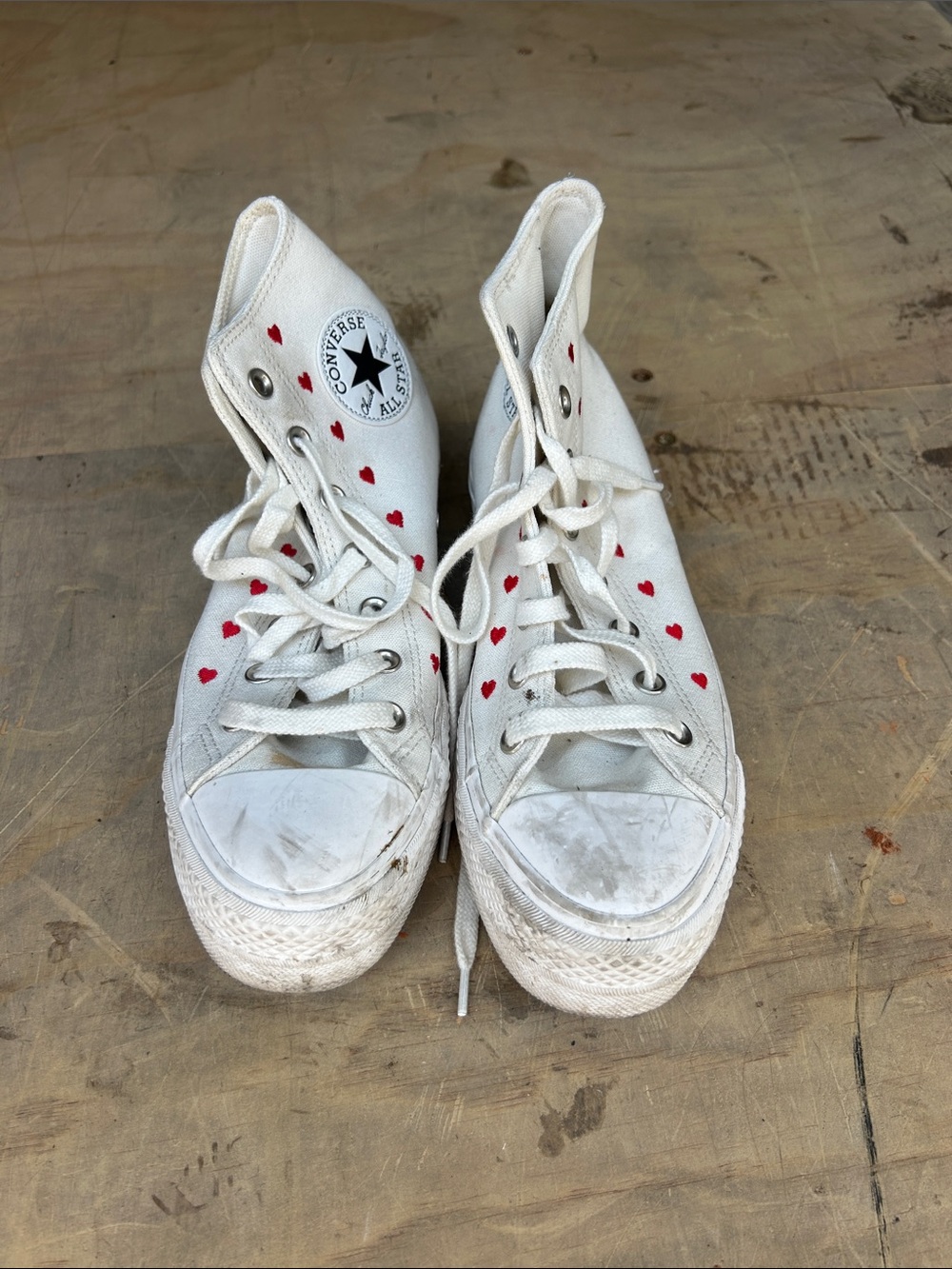 Converse White High-Top Kids Sneakers with Red Heart Accents